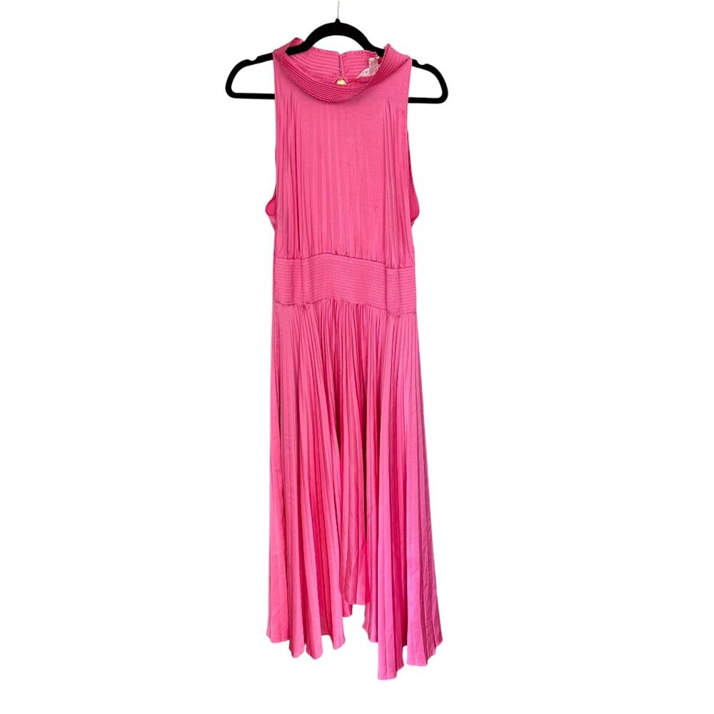 A.L.C. Size 6 Pink Satin Renzo Sleeveless Pleated Smocked Blouson Midi Dress - Picture 2 of 16